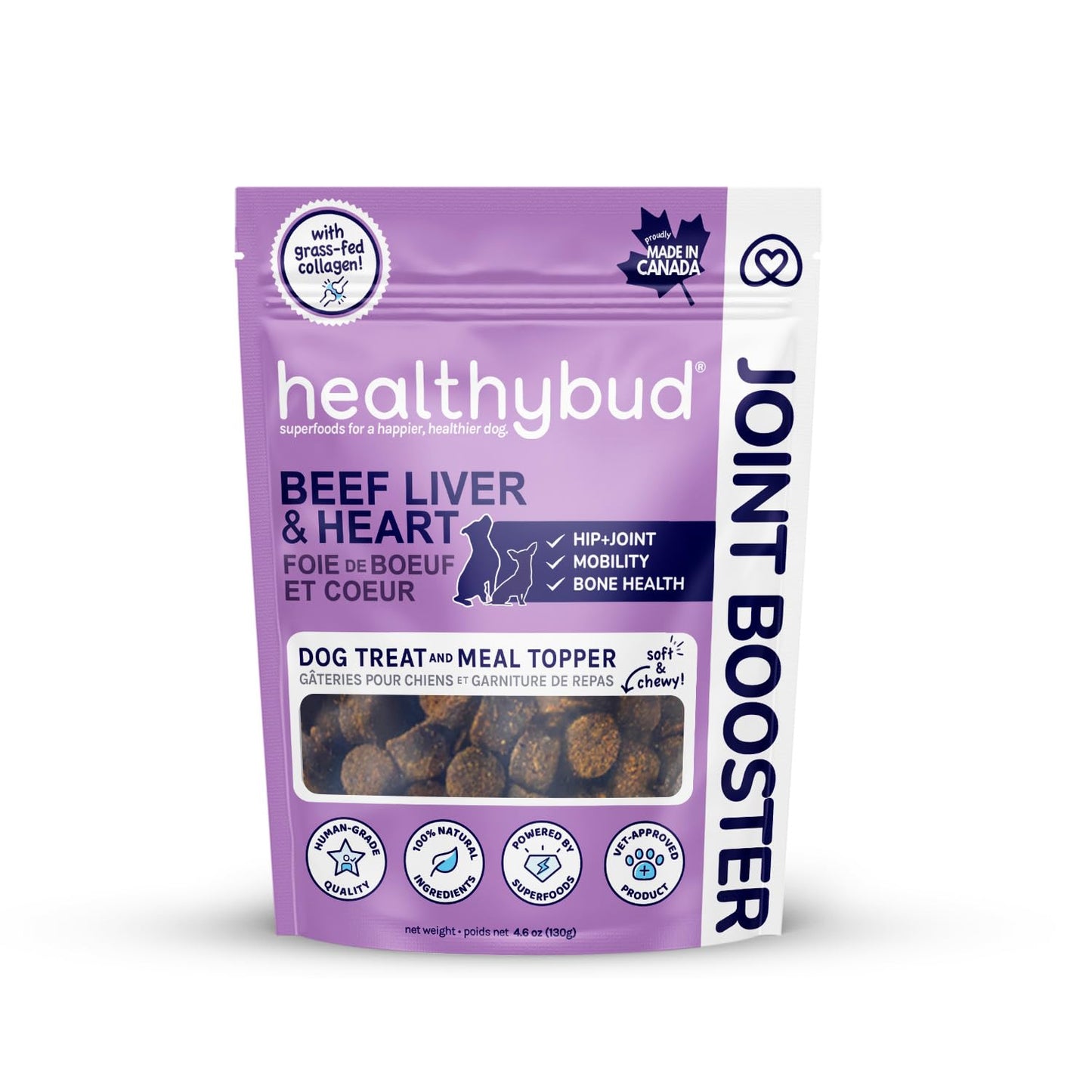 A package of Healthybud Beef Liver & Heart Hip and Joint Supplement Dog Treats. The packaging is purple with a clear window showing the treats inside.