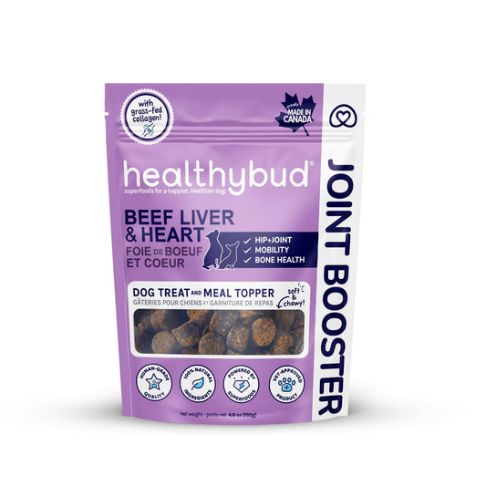 A package of Healthybud Beef Liver & Heart Hip and Joint Supplement Dog Treats. The packaging is purple with a clear window showing the treats inside.
