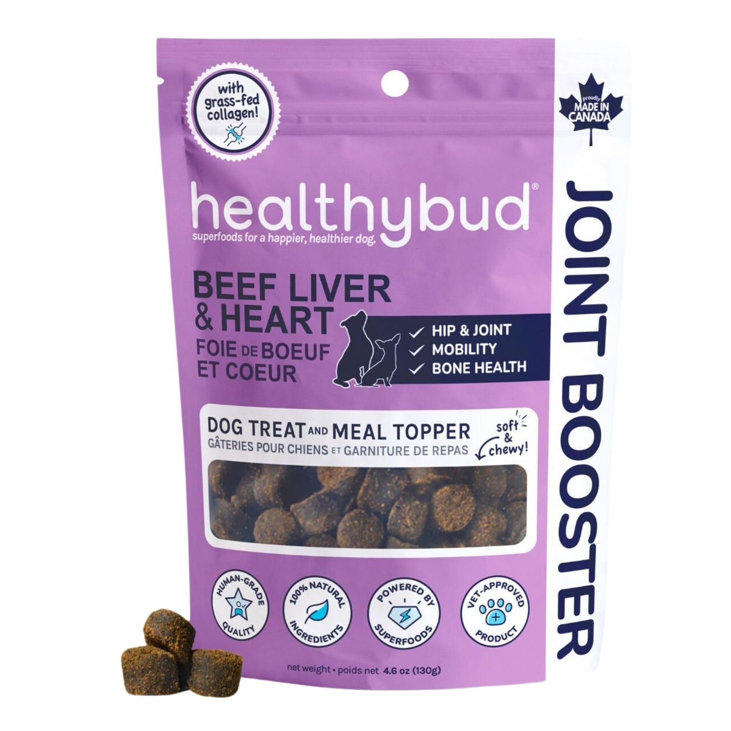 Graphic showing a bag of Healthybud Bone and Joint Supplement for Dogs