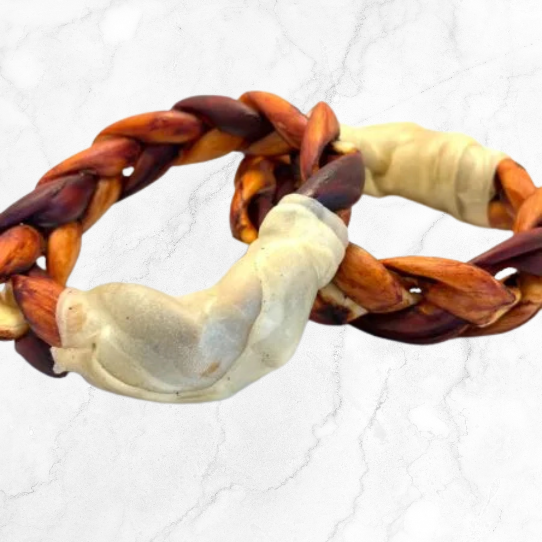 Dog chew with braided design featuring brown and beige beef collagen on a white background