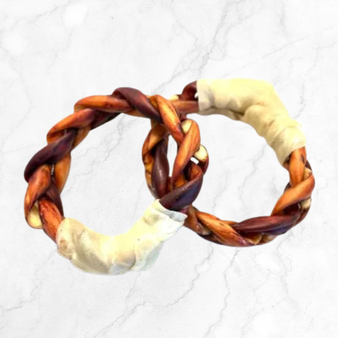 Beef collagen ring with braided design on a white background