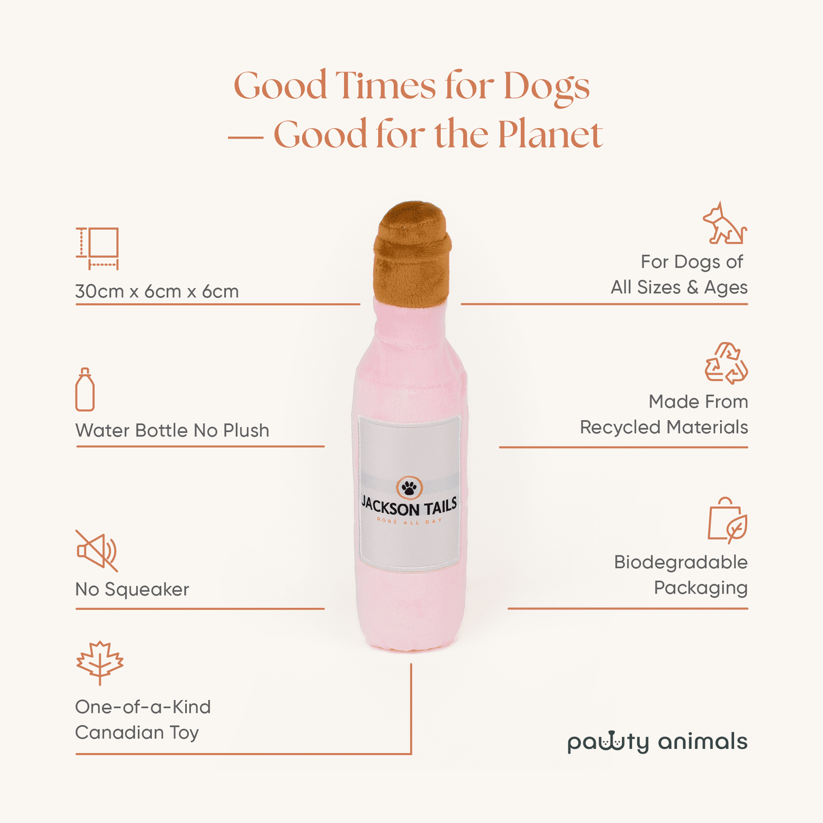 Dog toy shaped like a wine bottle with product details on a white background