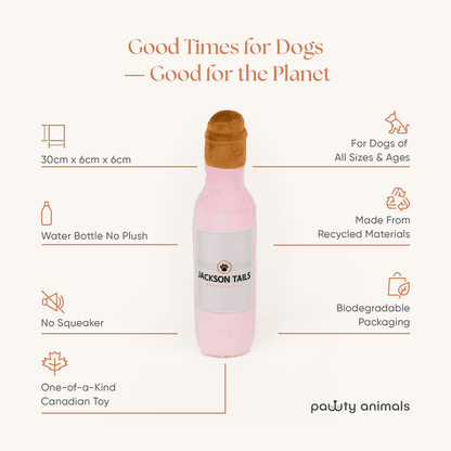 Dog toy shaped like a wine bottle with product details on a white background