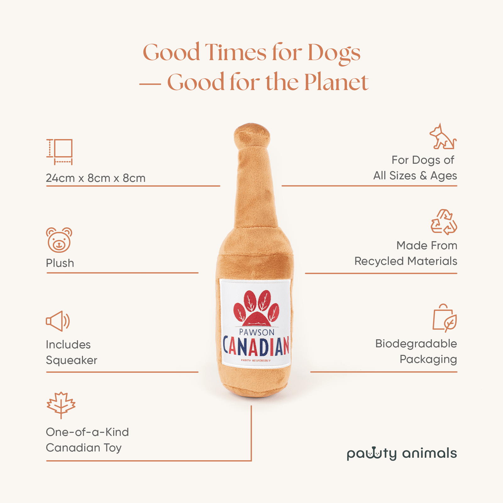 Dog toy shaped like a beer bottle with 'Pawson Canadian' branding, featuring product details on a white background.