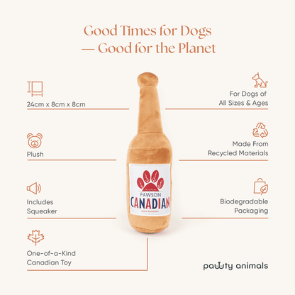 Dog toy shaped like a beer bottle with 'Pawson Canadian' branding, featuring product details on a white background.