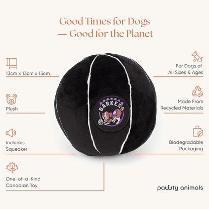 Black plush dog toy with white rim and 'Barker' branding, featuring product details on a white background.