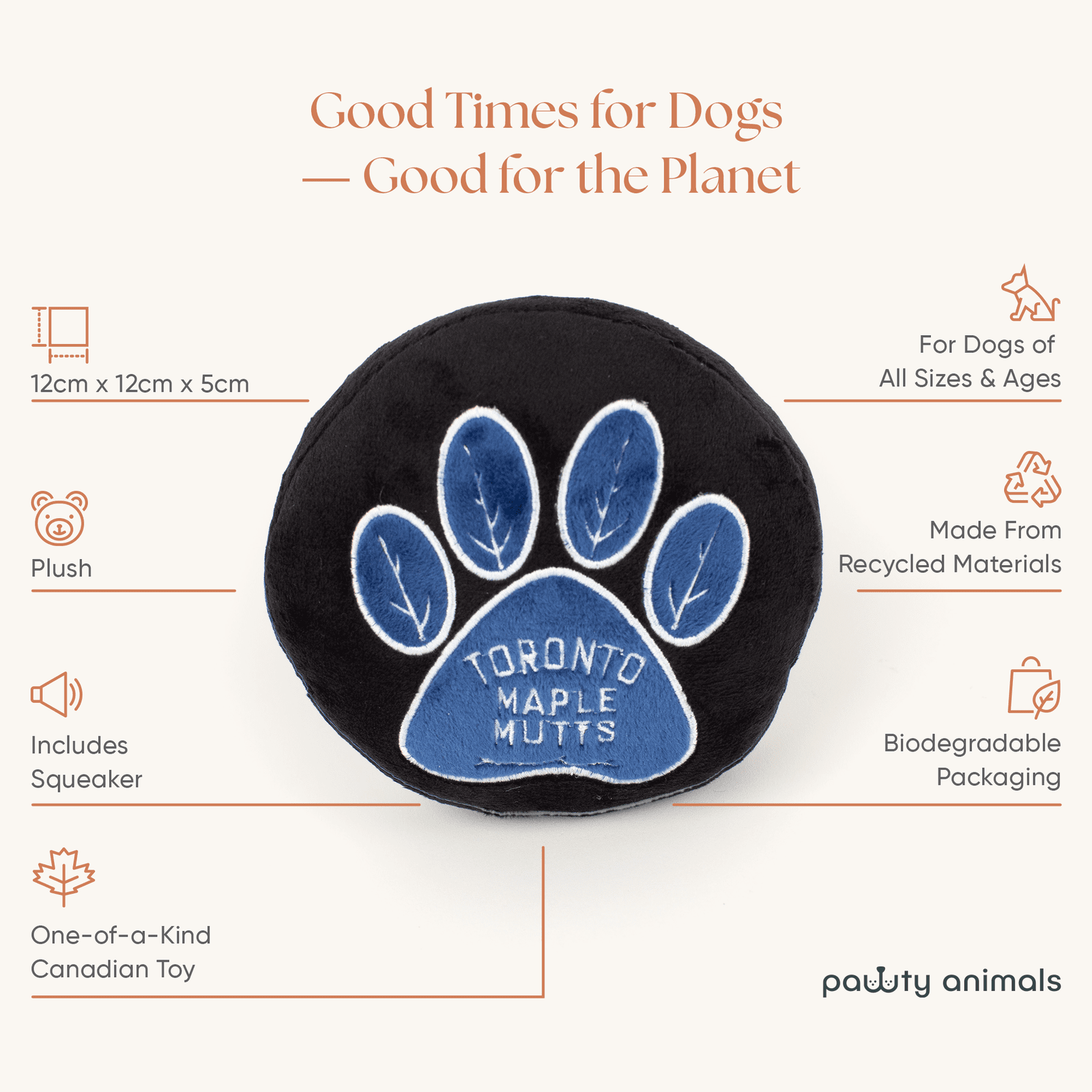 Dog toy with blue paw print and text on a white background
