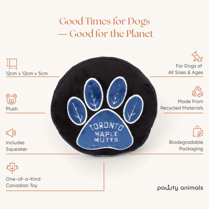Dog toy with blue paw print and text on a white background