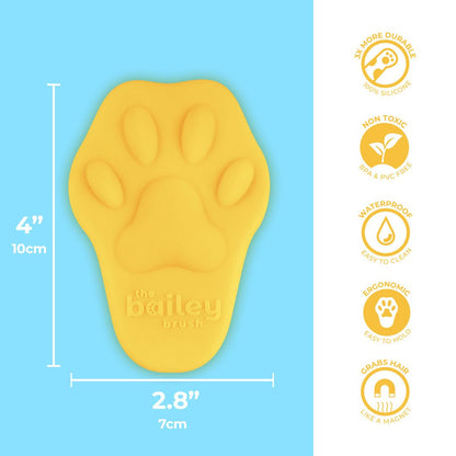 Yellow paw-shaped brush with dimensions and feature icons on a blue background