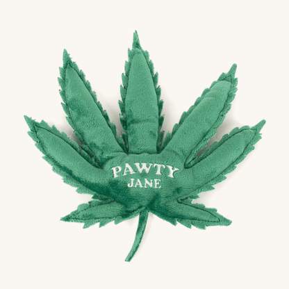 Green leaf-shaped toy with 'PAWTY JANE' text on a white background