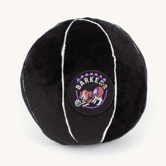 Black plush ball with white stripes and a logo on a white background
