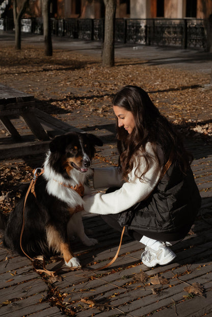 Woman sitting on a wooden bench with a dog in an outdoor setting