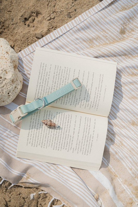 Open book with a light blue strap on a sandy surface