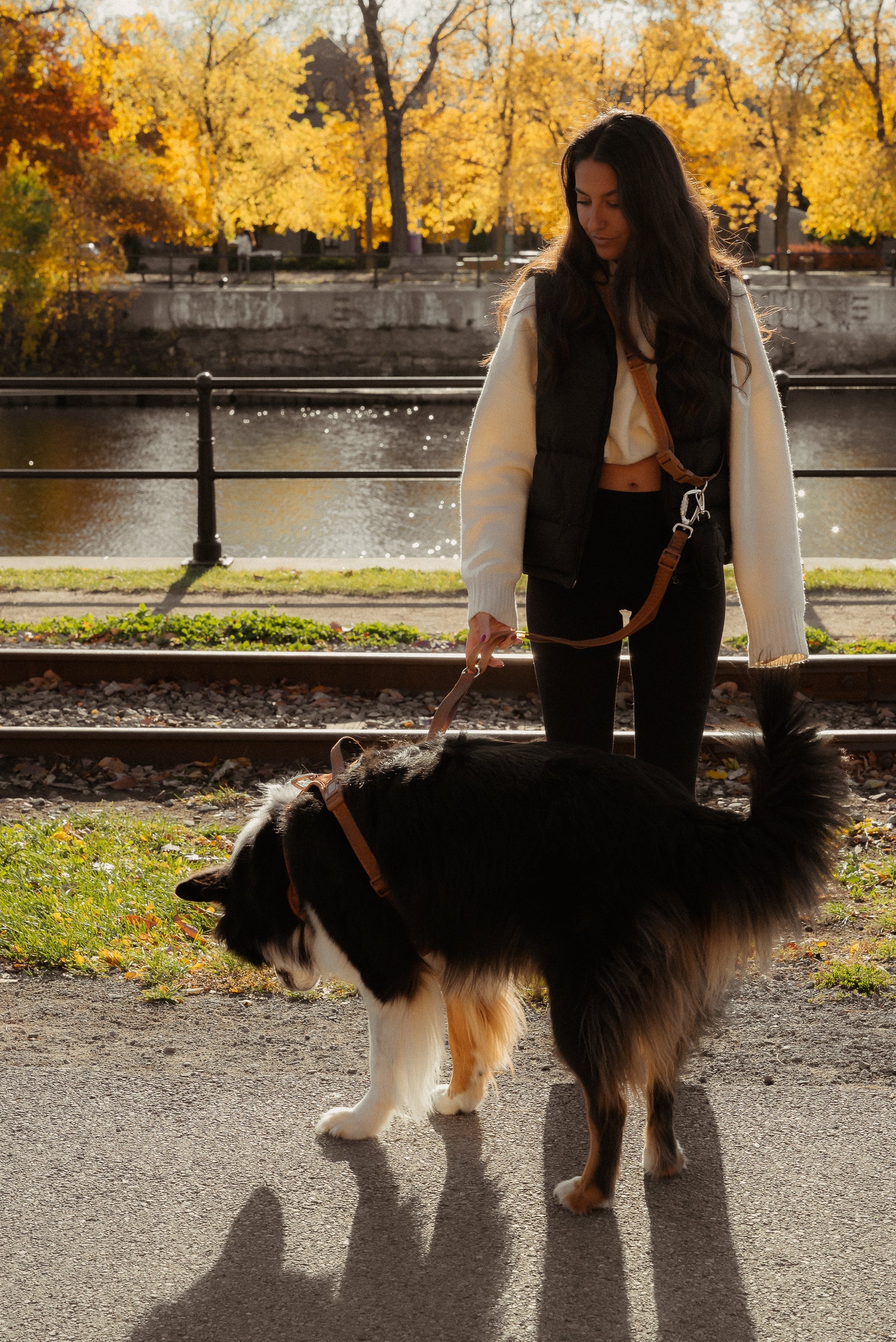 Woman walking a dog on a leash by a river with autumn trees in the background