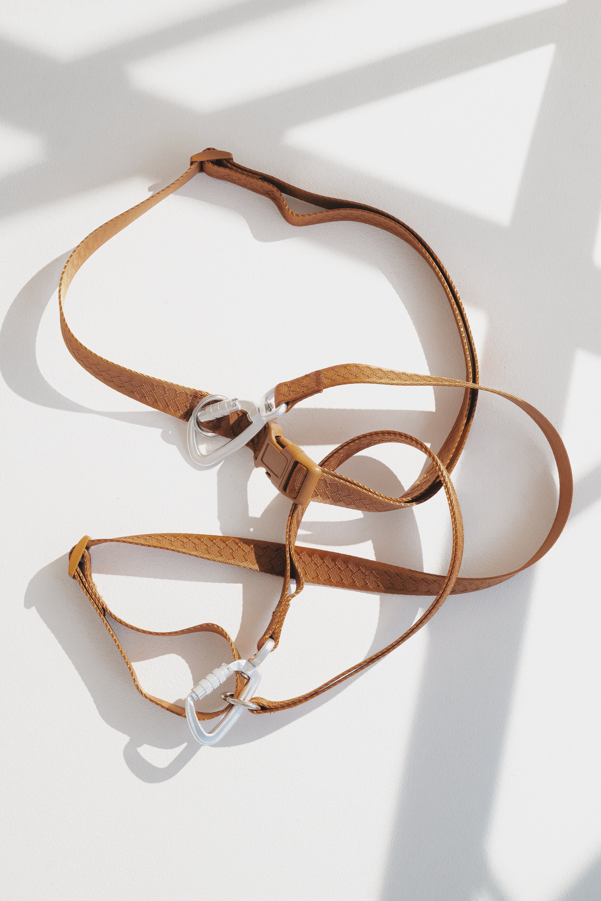 Brown hands free leash on a white background