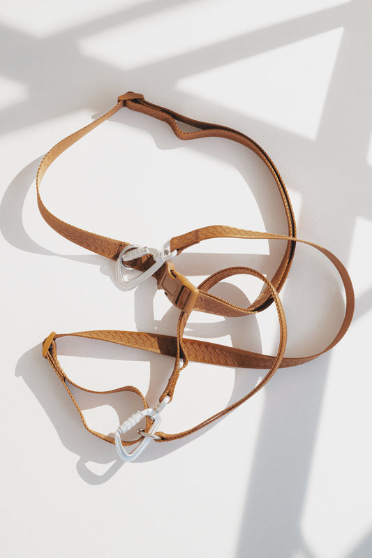 Brown hands free leash on a white background