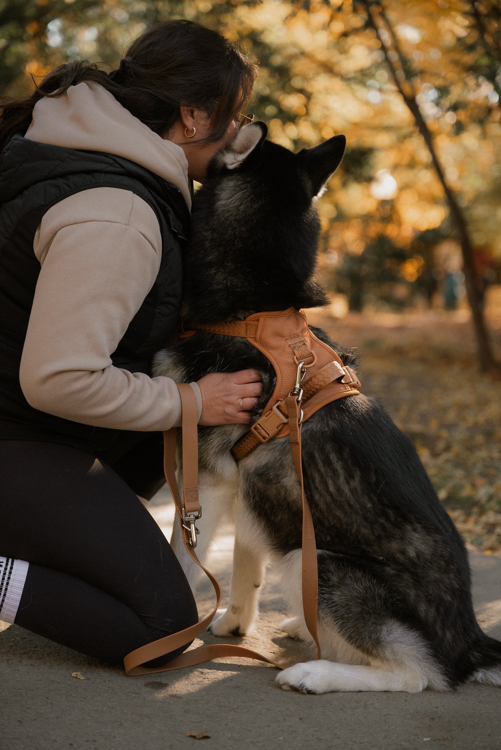 Person kneeling down to pet a dog in an outdoor setting with trees and foliage.