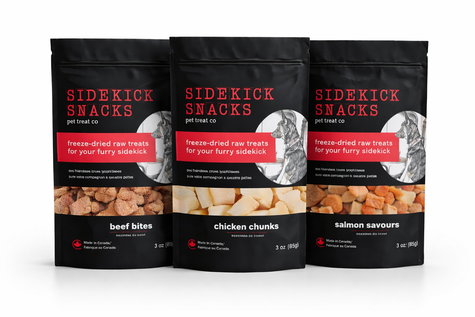 Three packages of Sidekick Snacks on a white background