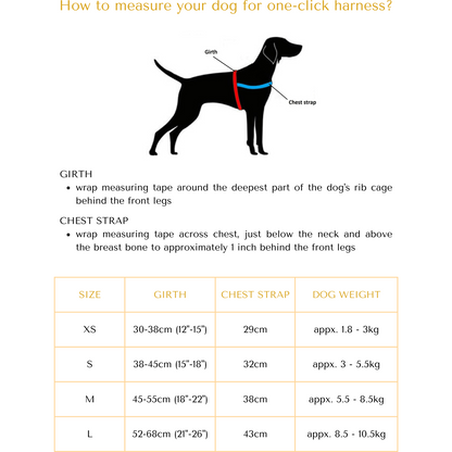 Instructions on how to measure a dog for a one-click harness with a diagram and measurement chart.