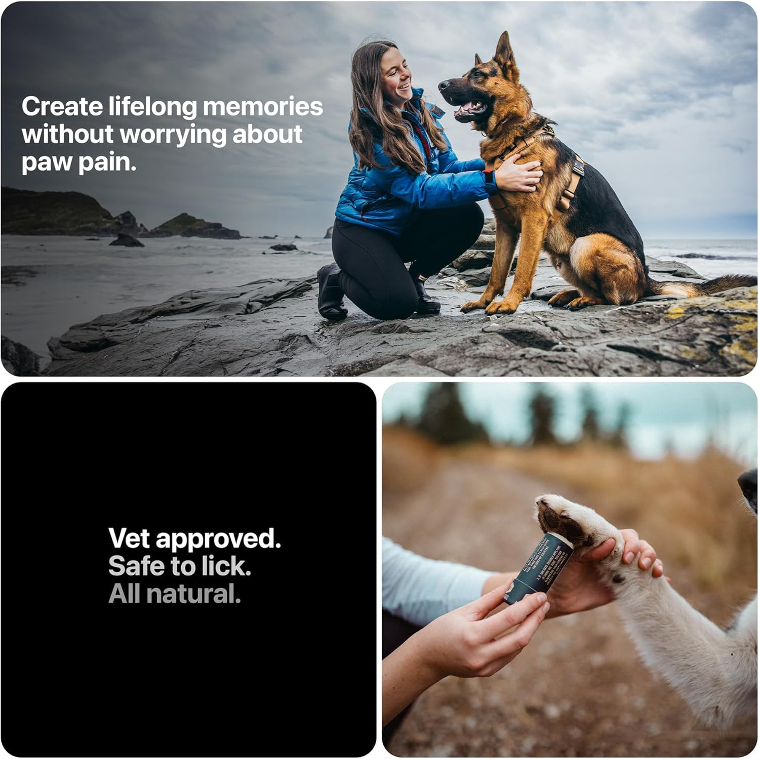 Infographic with an image of a german shepard with a woman in outdoor gear on a coast line applying the dog paw balm.