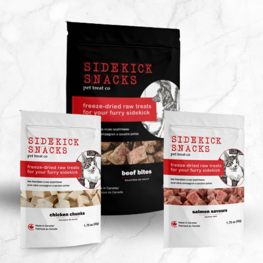 Sidekick Snacks pet treat packages on a white background