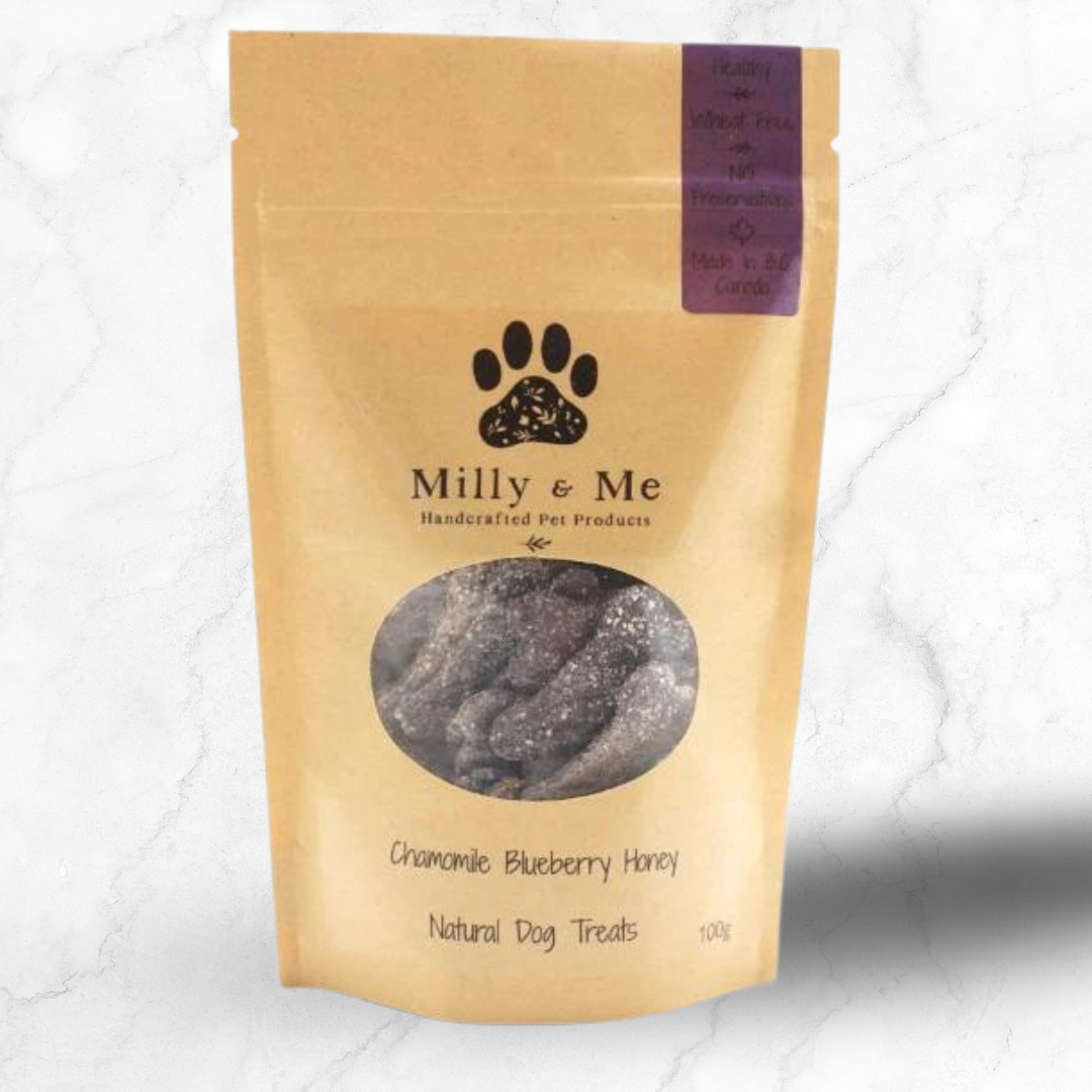 Milly & Me natural dog treats packaging on a white background-healthy calming dog treats made in Canada