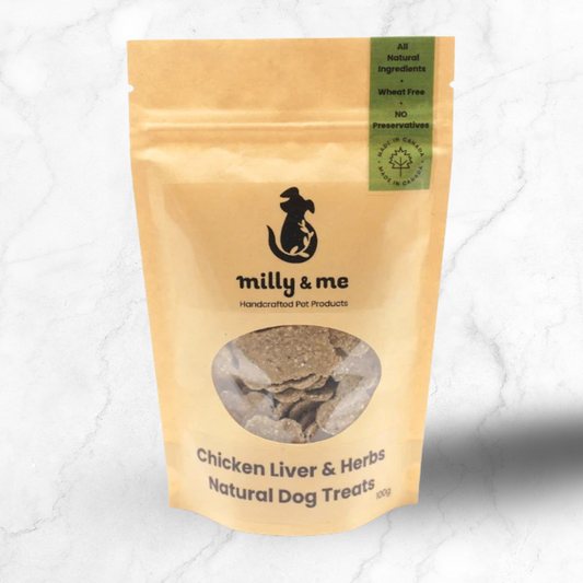 Milly & Me chicken liver & herbs natural dog treats packaging on a white background