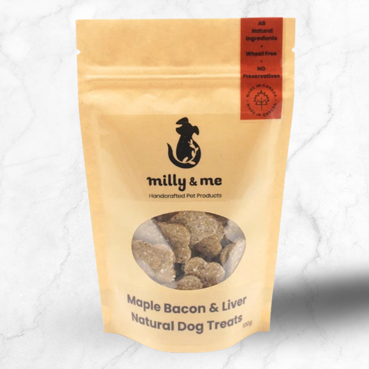 Package of milly & me maple bacon & liver natural dog treats on a white background