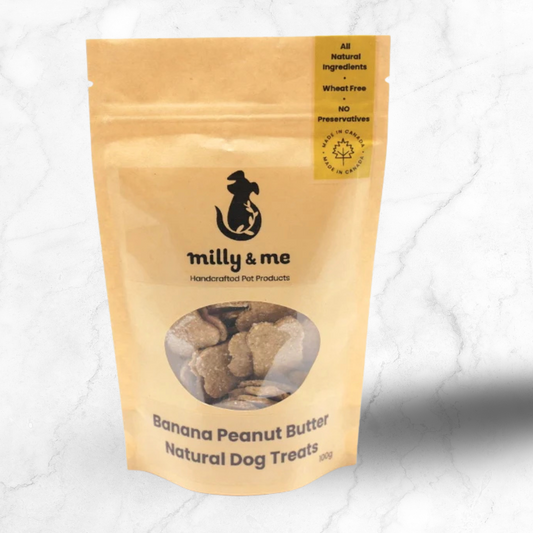 Milly & Me Banana Peanut Butter Natural Dog Treats package on a white background