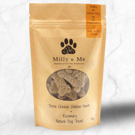 A package of three cheese chicken heart treats best for large and medium dogs.