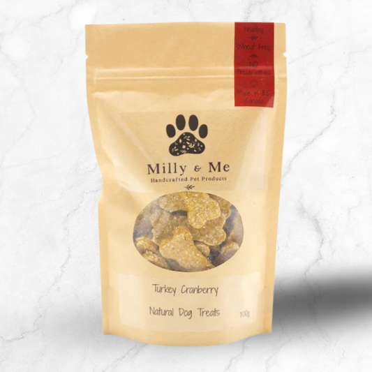 Milly & Me turkey cranberry natural dog treats packaging on a white background