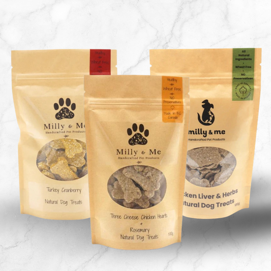 The Hen House Bundle oven baked chicken dog treats: Three Cheese, Chicken Hearts & Rosemary, Turkey Cranberry, and Chicken Liver & Herbs