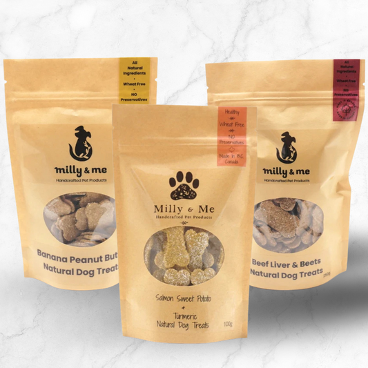 Sweet Tooth Bundle dog treats made in Canada: Banana Peanut Butter, Beef Liver & Beets, & Salmon, Sweet Potato & Tumeric