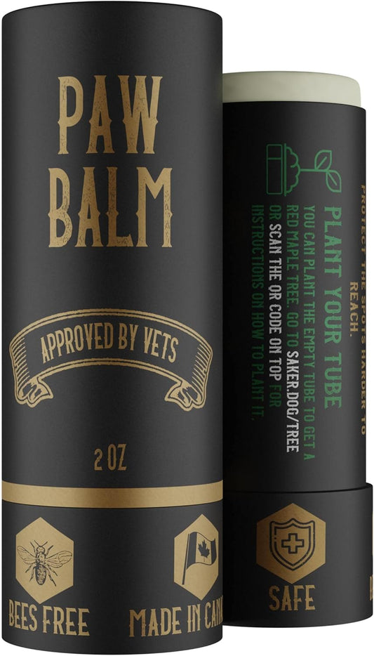 Product image of a black compostable 2 oz tube of paw balm for pets.