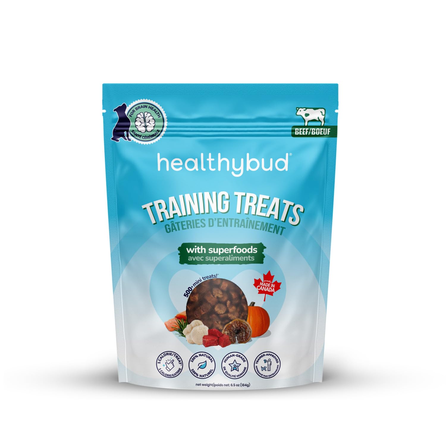 A package of HealthyBud Training Treats for dogs, with an image of a beef liver-flavored treat and various superfood ingredients. The packaging is predominantly white and blue, with logos and text indicating the product is for training and enrichment.