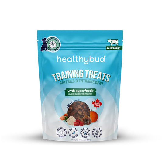 A package of HealthyBud Training Treats for dogs, with an image of a beef liver-flavored treat and various superfood ingredients. The packaging is predominantly white and blue, with logos and text indicating the product is for training and enrichment.