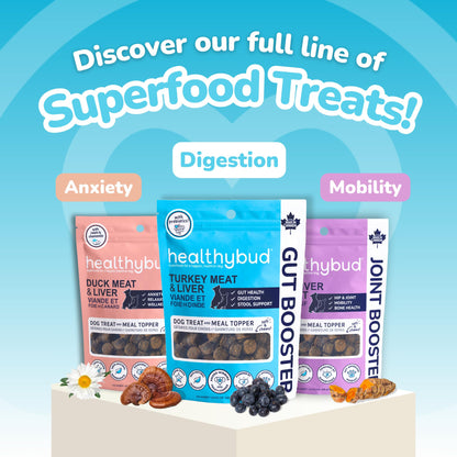 a graphic of the trio of flavours from the Healthybud training treats.