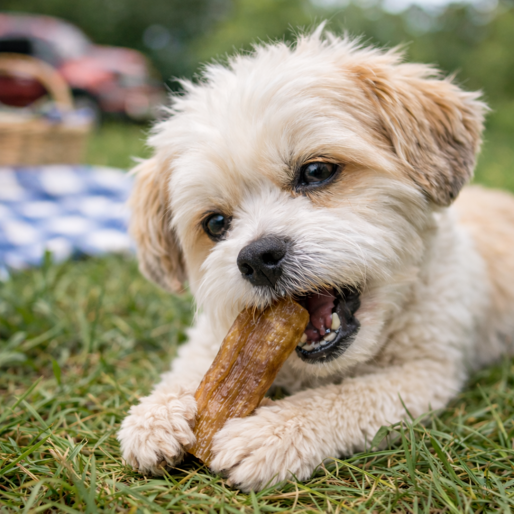 Dog chewing on a beef back tendon in a grassy outdoor setting