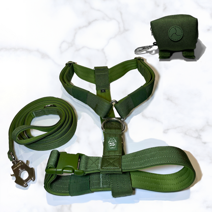 Y-Strap Harness, Leash, & Waste Bag Dispenser Set dog harness & leash from Floof Pet Products on a neutral background